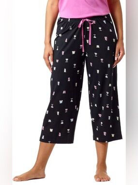 NWT Hue Lounge Crop Pajama Pants Black Night Cap design  with Pink Drawstring